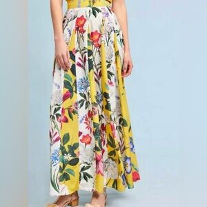 Anthropologie Rococo Sand Colorful Floral Yellow Flowing Maxi Skirt, Sz 2